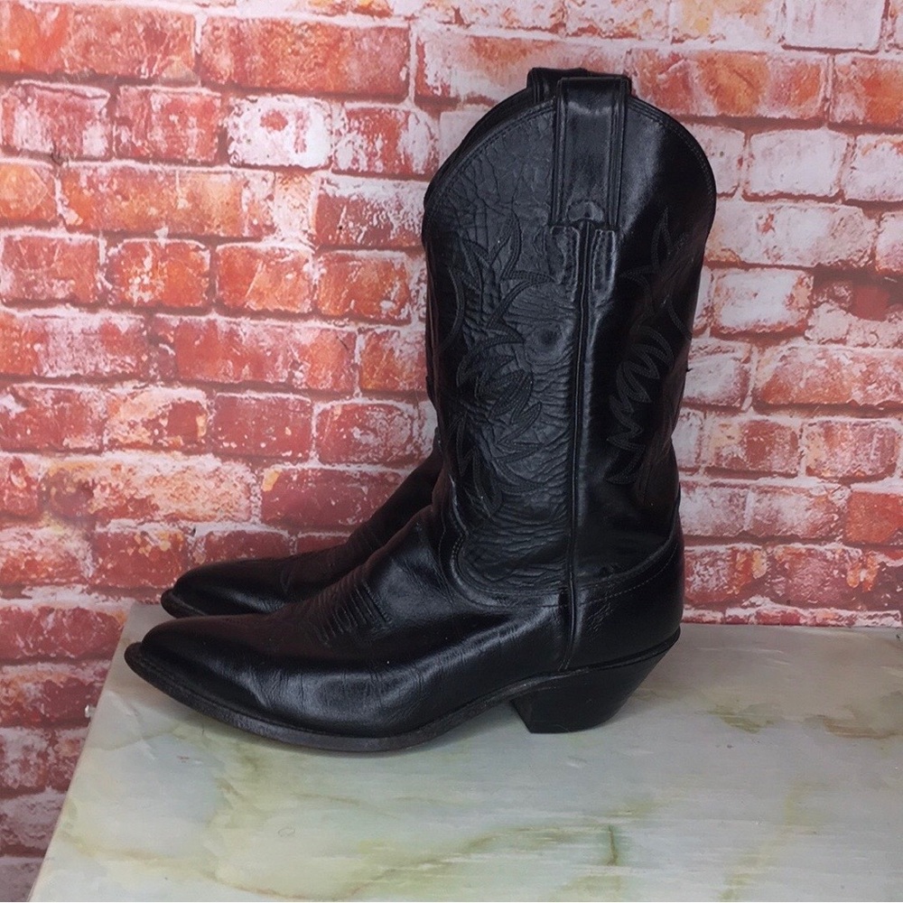 Justin Boots Black Leather Western Heeled Cowboy Boots - Picture 2 of 9